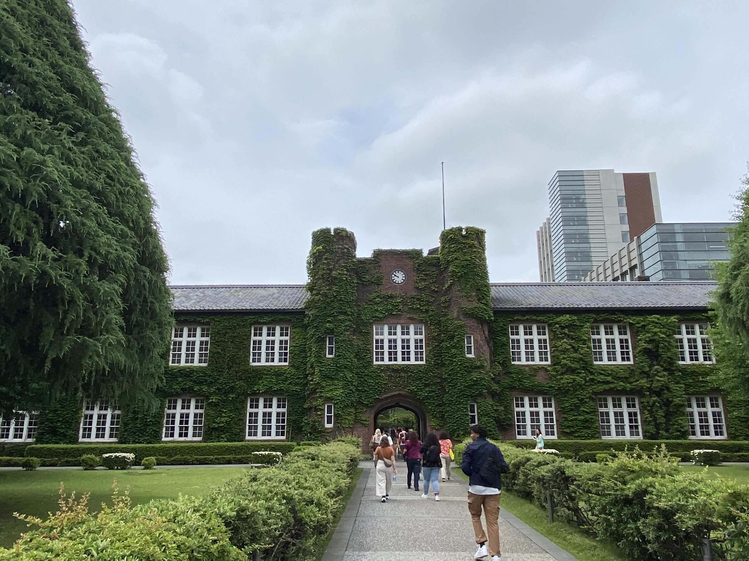 Texas State University students walk into Rikkyo University in Tokyo.