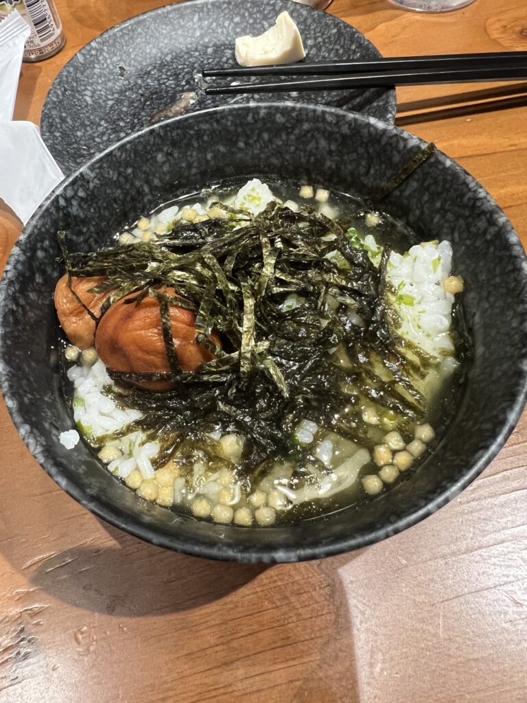 A bowl of Ume ochazuke (rice soup with Japanese pickled plums) at Teketeke in Shibuya.
