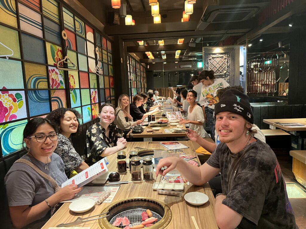 The SJMC Japan team eats a farewell dinner courtesy of the Asia Institute at Shijo-Kawaramachi, an all-you-can-eat yaku-niku restaurant in Kyoto.